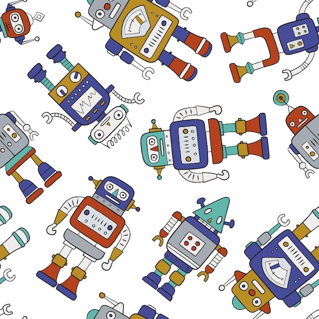 Seamless vector pattern with cute vintage robots for textile or wallpaper design