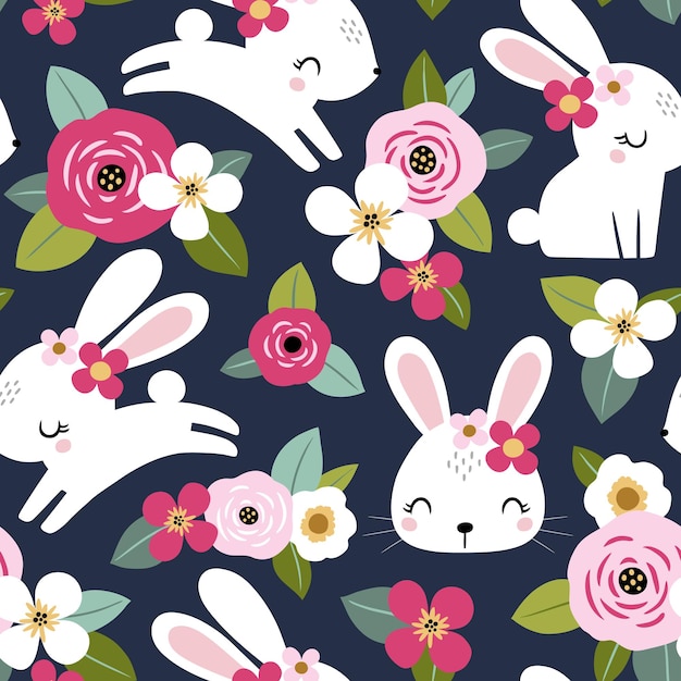 Seamless vector pattern with cute white rabbits on floral background