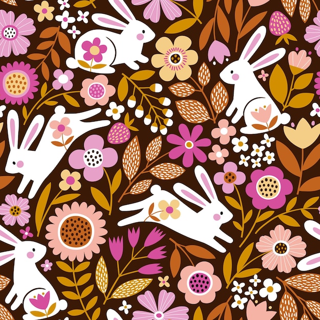 Бесшовный векторный рисунок с милыми белыми кроликами на цветочном фоне