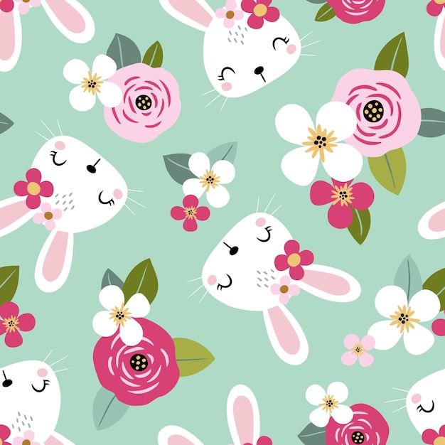 Бесшовный векторный рисунок с милыми белыми кроликами на цветочном фоне мяты