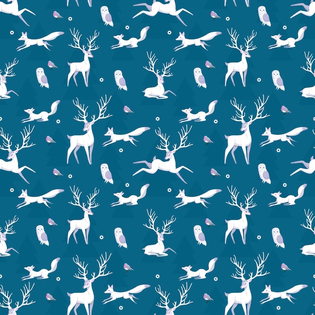 Vector seamless vector pattern with cute woodland animals in forest winter atmosphere perfect for textile wallpaper or print design blue background