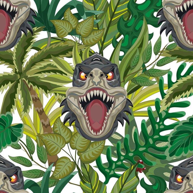Vector seamless vector pattern with dinosaur head with fangs tropical leaves palm trees