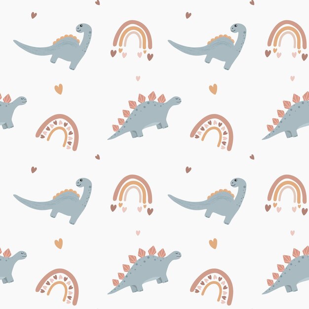 Seamless vector pattern with dinosaur hearts and rainbows
