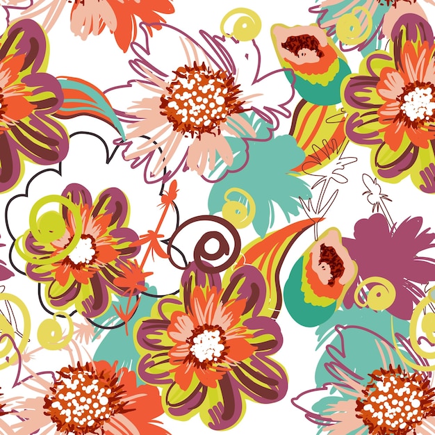 Seamless vector pattern with drawing flowers