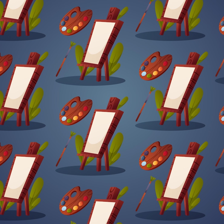 Vector seamless vector pattern with easel and paints