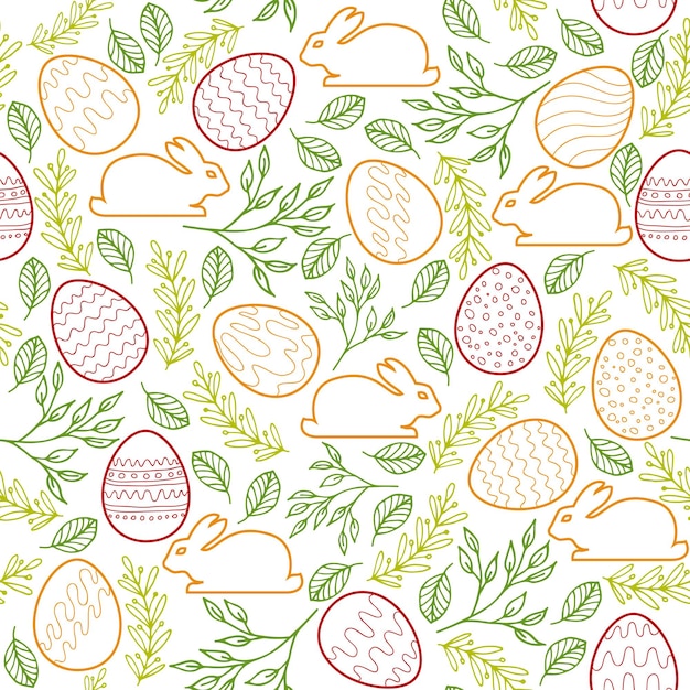 Seamless vector pattern with Easter bunny eggs and floral elements