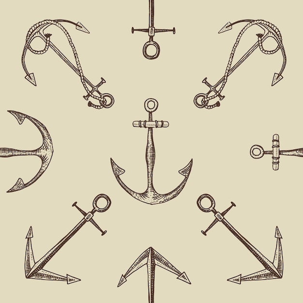 Seamless vector pattern with engraved hand drawn anchors old lookind vintage texture