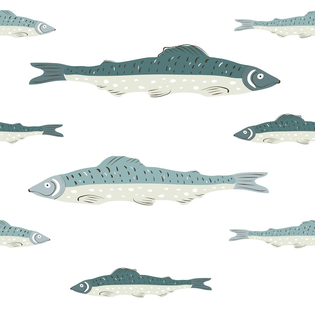 Seamless vector pattern with fishes in oriental style on a white background.