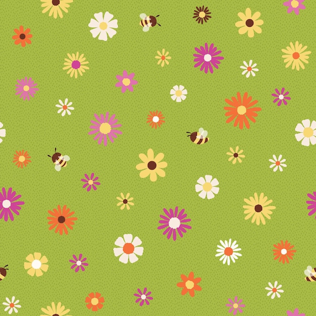 Seamless vector pattern with flowers and bees on a green textured background, great for kid products