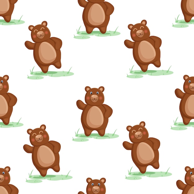 Seamless vector pattern with forest brown bear on the grass Vector illustration for fabric texture wallpaper poster postcard Editable elements Cartoon design