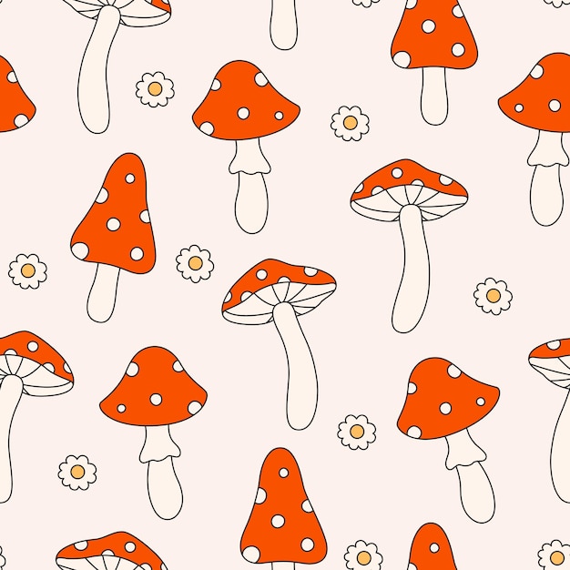 Seamless vector pattern with funky poisonous mushrooms