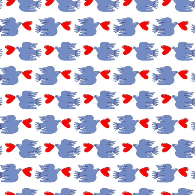 Seamless vector pattern with funny birds and hearts Romantic love illustration for textile fabric backrgound wrapping Valentines day