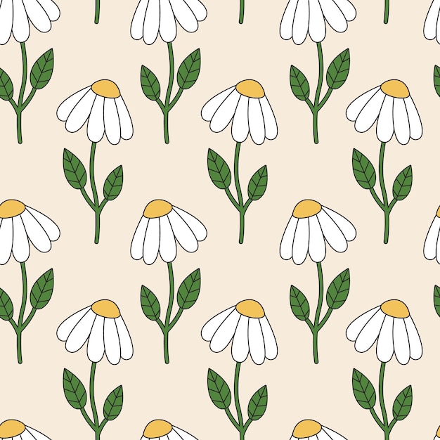 Seamless vector pattern with groovy camomile flower 70s 80s 90s vibes funky background