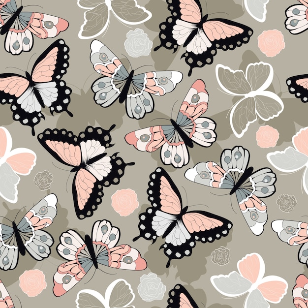 Seamless vector pattern with hand drawn colorful butterflies