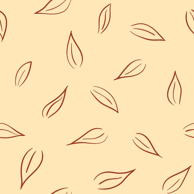 ベージュとバーガンディ色の葉の手描きの輪郭とシームレスなベクトルパターン