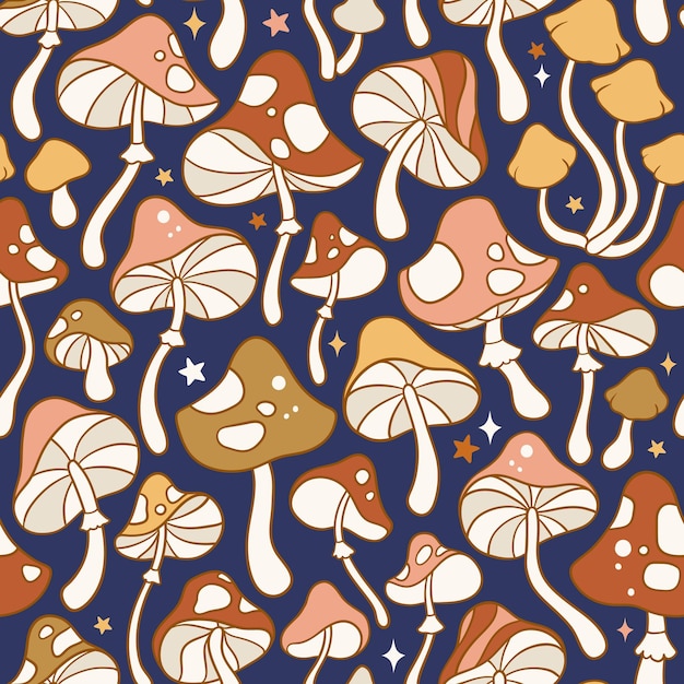 Vector seamless vector pattern with hand drawn groovy vintage psychedelic mushrooms and stars