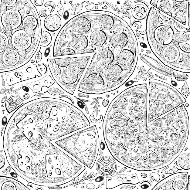 Seamless vector pattern with hand drawn pizza