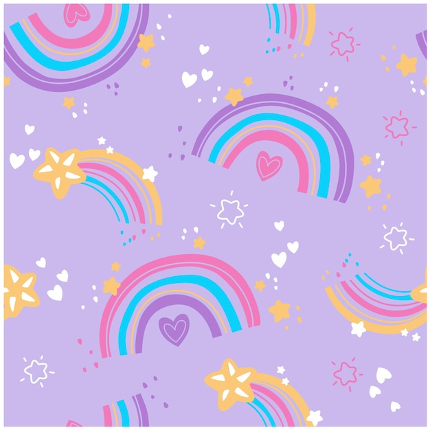 Seamless vector pattern with hand drawn rainbows , star and heart