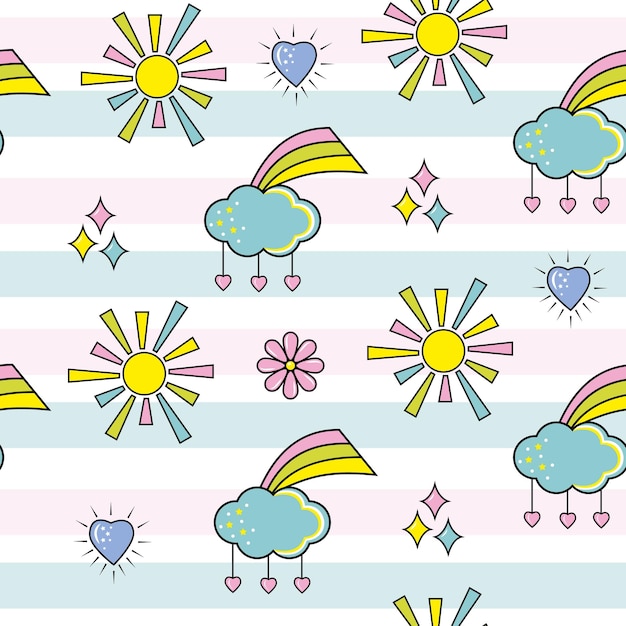 手描きの虹と太陽とのシームレスなベクトル パターン生地繊維壁紙アパレル ラッピングのトレンディな赤ちゃんテクスチャ
