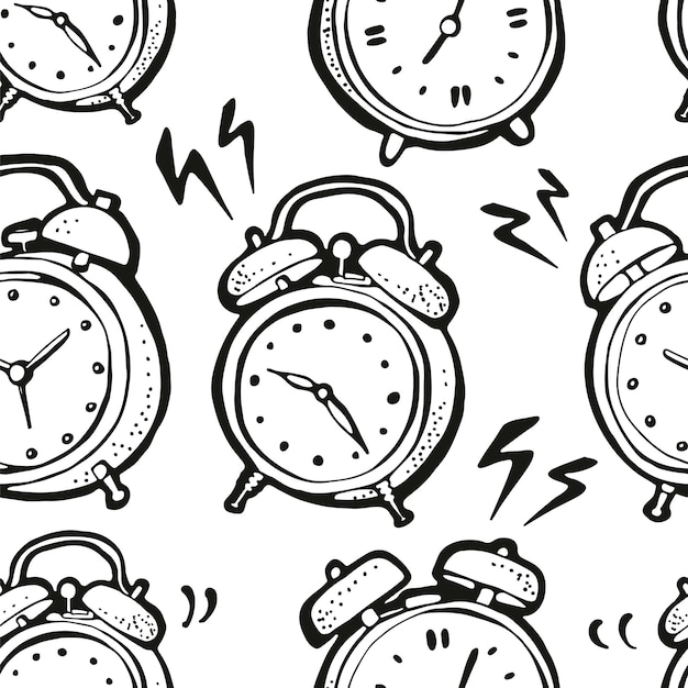 Seamless vector pattern with hand drawn ringing alarm clocks