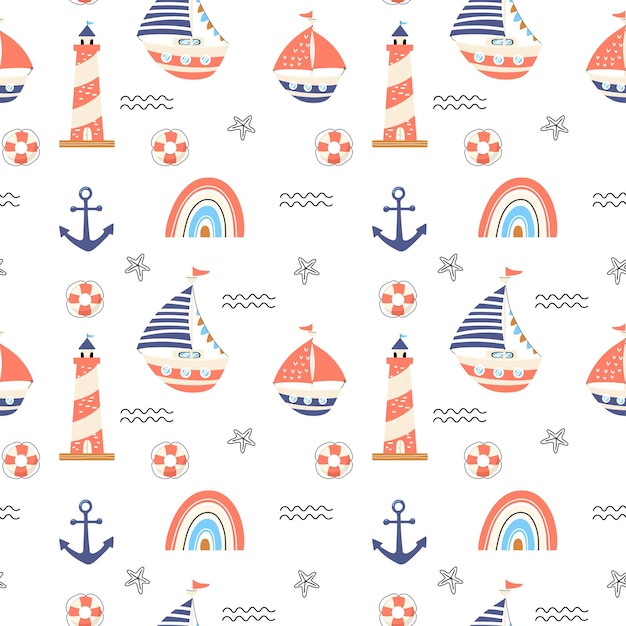 Modello vettoriale senza cuciture con fari e ancore di yacht a vela disegnati a mano sfondo luminoso estivo per il design del tessuto design per bambini