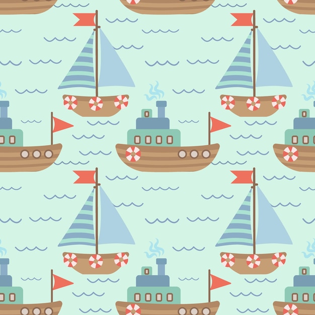 Seamless vector pattern with hand-drawn sailing yachts, ships and the sea wave. Summer bright