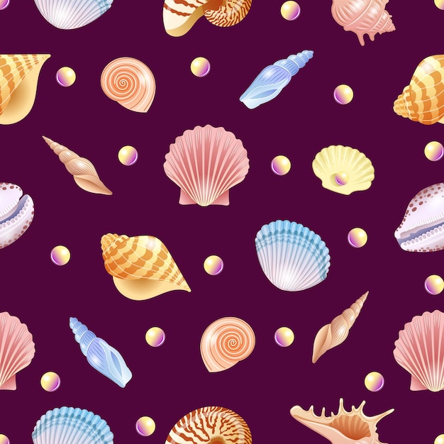 Seamless vector pattern with illustrations of shells and pearls Vector illustration