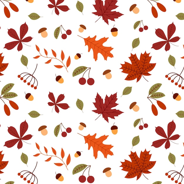 Seamless vector pattern with the image of autumn leaves stylized in a flat style White back