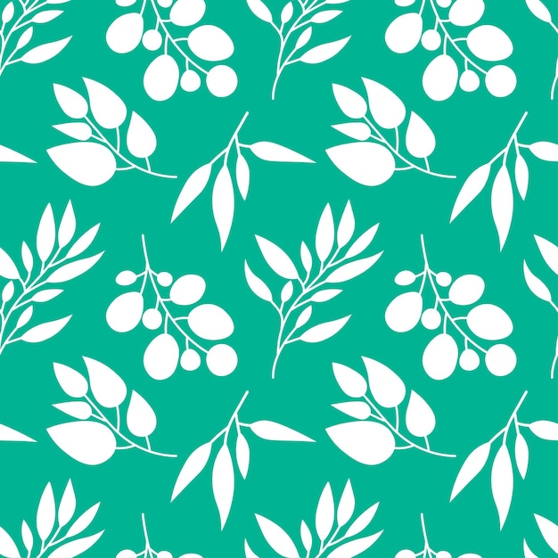 Seamless vector pattern with leaves and branches. White floral elements on a green background.