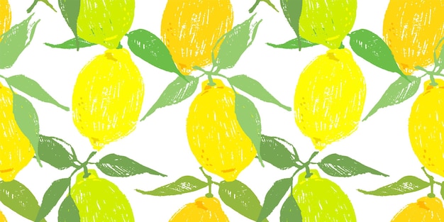 Modello di vettore senza soluzione di continuità con i limoni. frutti e foglie di limone come sfondo ripetibile. agrumi disegnati a mano per lo sfondo.