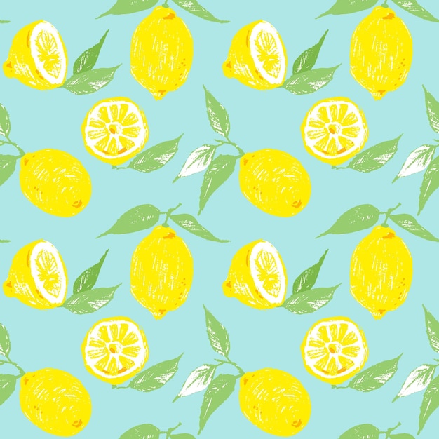 Seamless vector pattern with lemons. Lemon fruits and leaves as repeatable background. Hand drawn citrus fruits for backdrop.