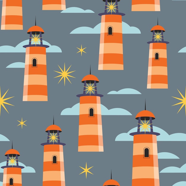 Vector seamless vector pattern with lighthouse and clouds. stylish kids backgrounfd