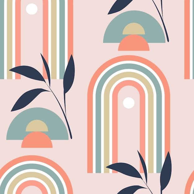 seamless vector pattern with multicolored abstract rainbows and leaves in boho style on pink backg