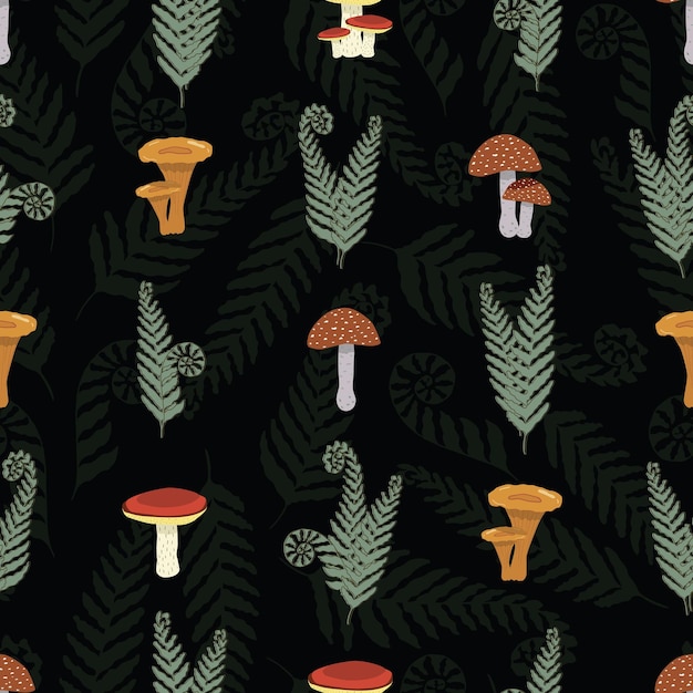 Seamless vector pattern with mushrooms and fern leaves