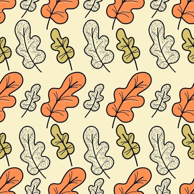 Seamless vector pattern with orange and green leaves in doodle style on yellow pastel background