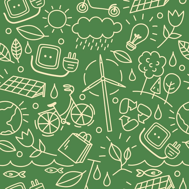 Seamless vector pattern with outline eco icons Background with zero waste and recycle elements