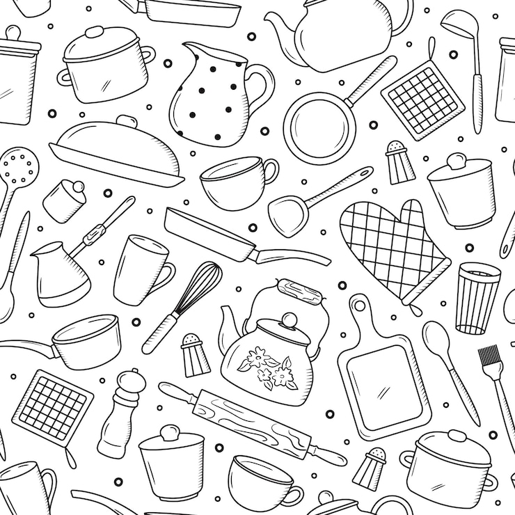 Vector seamless vector pattern with outline kitchen tools background with silhouettes of kitchenware
