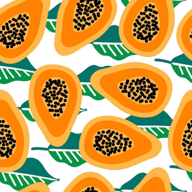 Seamless vector pattern with papaya on leaves backgorund. modern concept