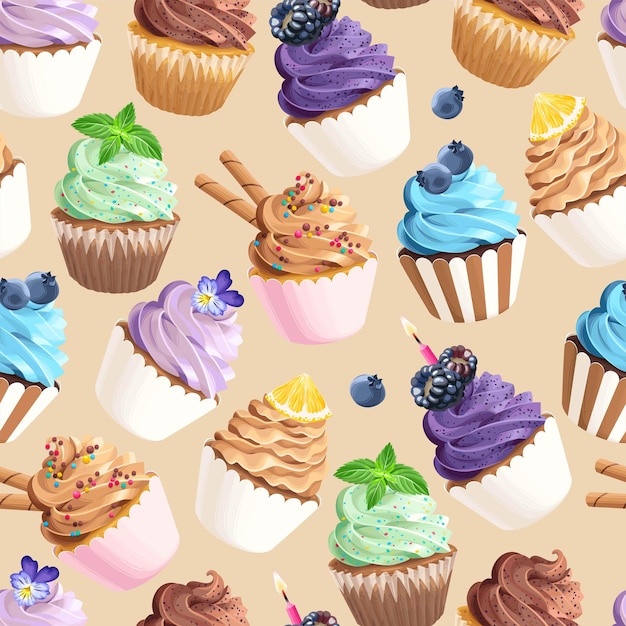 Vector seamless vector pattern with pastel color cupcakes