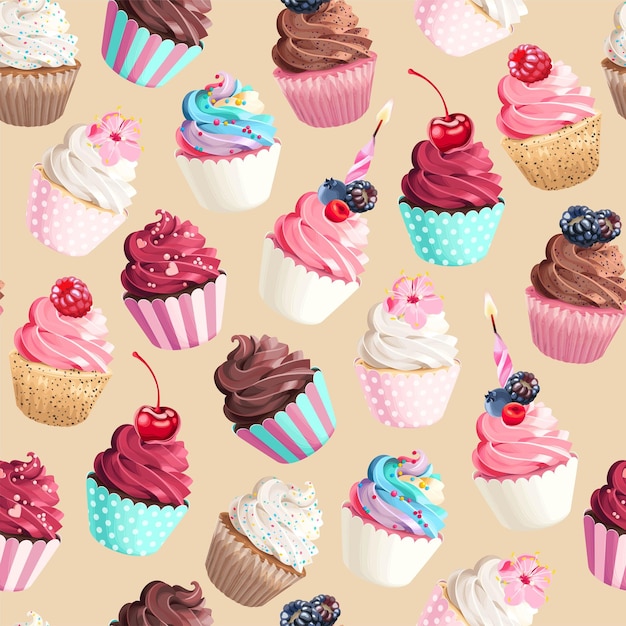 Vector seamless vector pattern with pastel color cupcakes