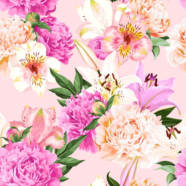 ピンクの背景にピンクと白の花とのシームレスなベクトルパターン
