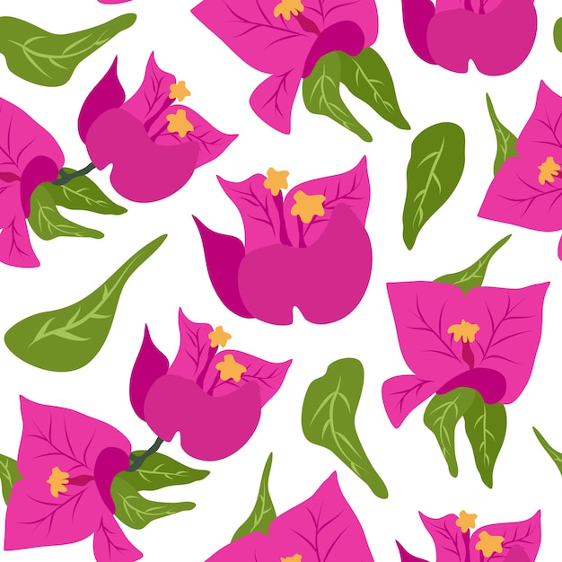 Seamless vector pattern with pink bougainvillea and green leaves