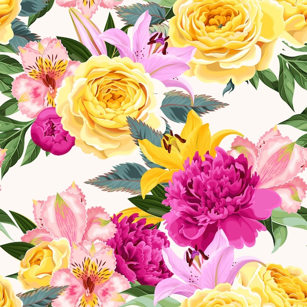 Seamless vector pattern with pink and yellow flowers on white background