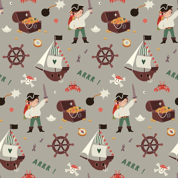 Seamless vector pattern with pirate thematic elements