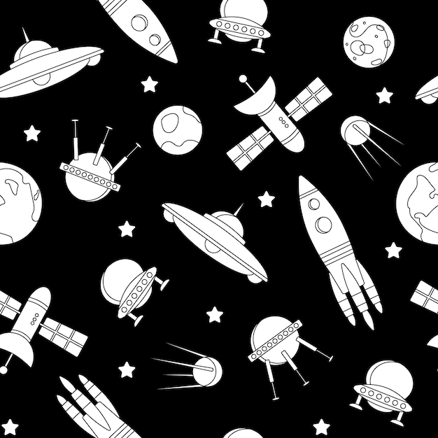 Seamless vector pattern with planets spaceships and stars