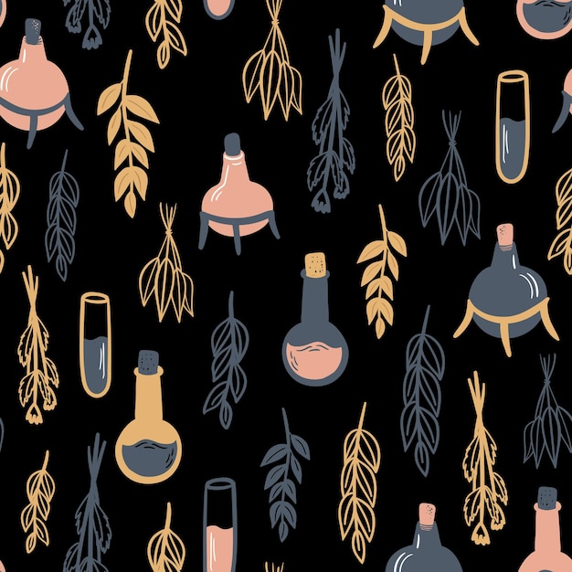 Seamless vector pattern with plants and test tube. Alchemy, potions