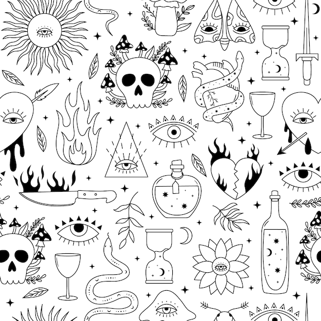 Seamless vector pattern with psychedelic tattoo drawings Mystic background