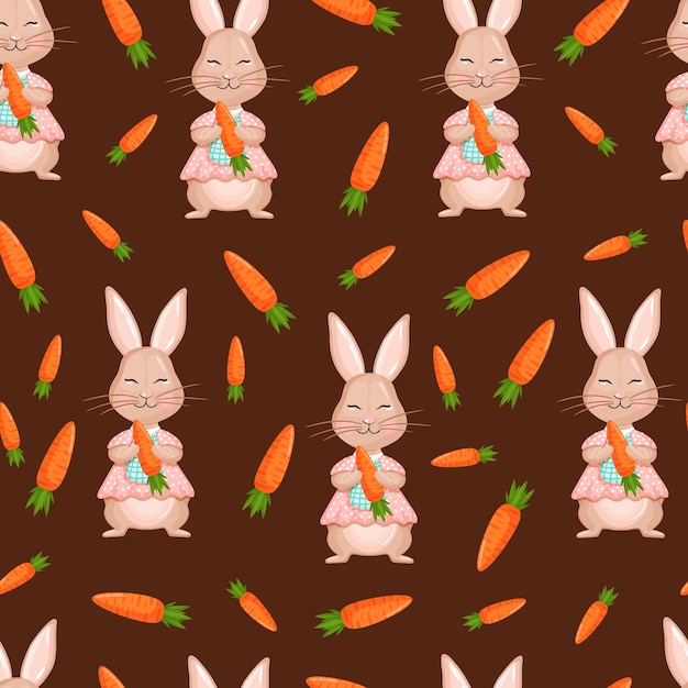 Seamless vector pattern with rabbit and carrots Vector illustration for fabric texture