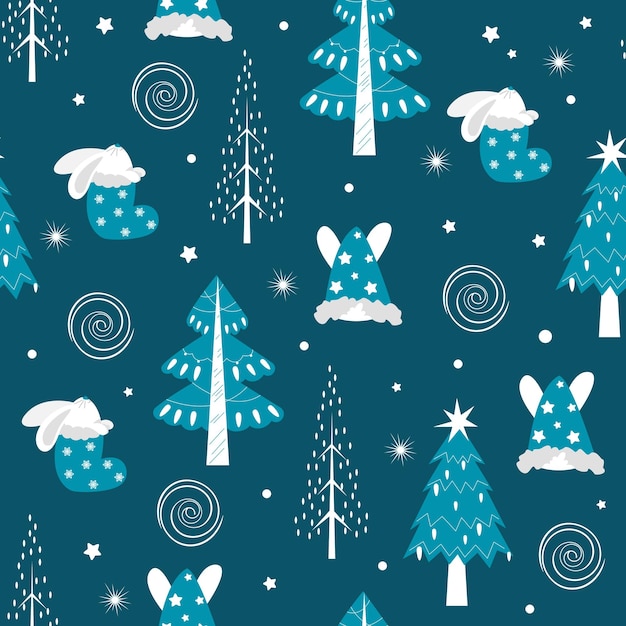 Seamless vector pattern with rabbits in the forest christmas time