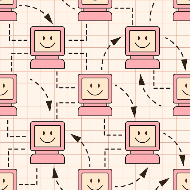 Seamless vector pattern with retro computer Cute desktop background 90s and y2k digital aesthetic